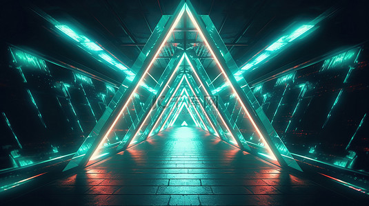 充满活力的科幻隧道与闪闪发光的霓虹三角形 3d 渲染插图