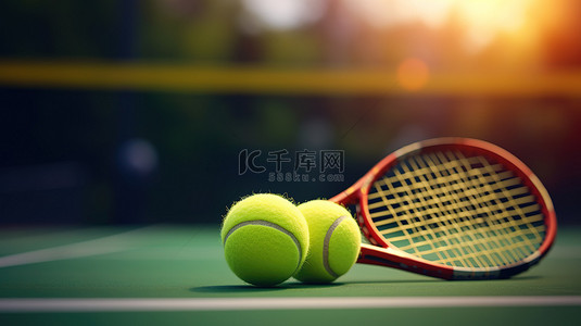 背景模糊的球拍上动画的网球的 3D 渲染