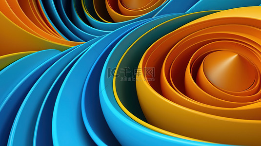 灰色背景蓝色橙色和黄色上彩色螺旋的抽象 3D 渲染