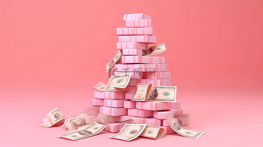 储蓄背景图片_粉红色背景钱束 3D 渲染盈利商业投资和储蓄策略的插图