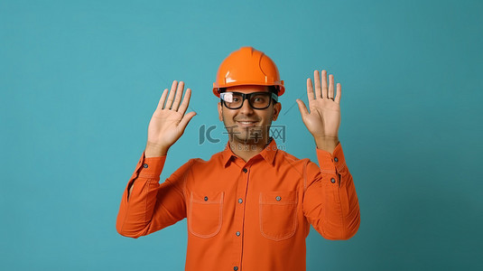 创意头盔背景图片_戴着橙色头盔和格子衬衫的建筑专家使用 3D 眼镜并做手势