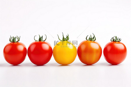 白色背景一侧有五个不同颜色的番茄半块