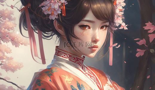 插画春分背景图片_美女桃花游戏背景