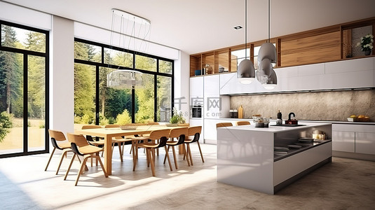 用餐背景图片_3D 渲染的现代厨房，配有窗户和灯光照明的用餐空间