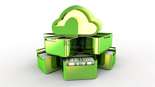 移动云存储背景图片_3d 渲染孤立的绿色箭头，用于白色背景上的云存储和数据同步