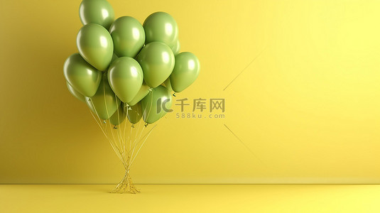 黄色墙壁背景下一堆绿色气球的令人惊叹的 3D 插图