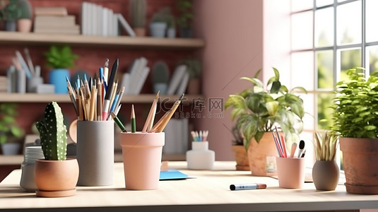 家庭办公室配有宽敞的工艺桌油漆工具和新鲜花盆 3D 插图