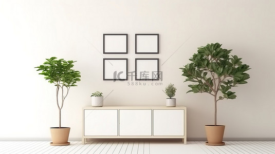 盆栽植物背景图片_现代电视柜采用时尚设计，适合现代家庭和办公室，配有 3D 渲染相框和盆栽植物
