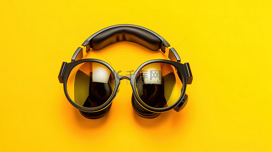 科技背景眼背景图片_黄色背景上的 3D 眼镜和耳机的顶视图