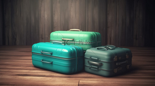 在 3D 渲染中装饰着蓝色和绿色硬箱行李箱的木制背景