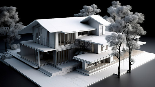 建筑房屋和景观设计的蓝图和 3D 模型
