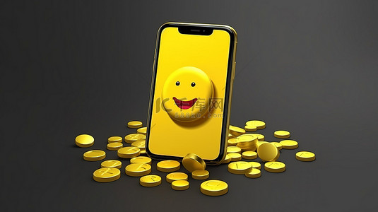 智能手机模型的 3D 渲染，具有金币和竖起大拇指表情符号图标