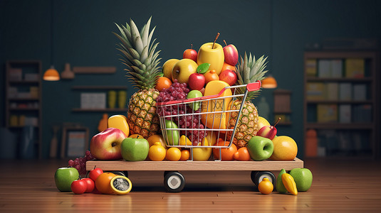 超市背景图片_在线超市送货应用程序的 3D 渲染