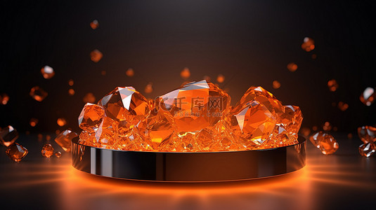 产品高级背景图片_带有水晶组的 3D 渲染橙色抽象水晶展示台的高级背景