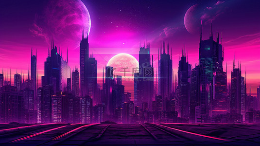 环境合成波城市景观霓虹灯太阳和紫色闪光照亮 3D 摩天大楼