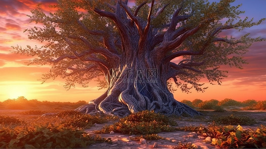 春花藤背景图片_数百年历史的仙树，雄伟的树干，在日落时根部交织在一起 3D 插图