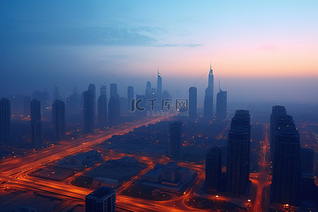 迪拜背景图片_黄昏空中的迪拜地平线