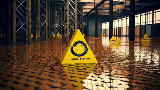 警告的背景图片_带有链环和加密货币警告的黄色警告湿地板标志的 3D 渲染