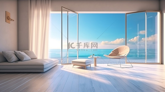 实景落地窗背景图片_现代海景客房 3D 渲染室内设计