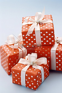 一些用红色或蓝色包装纸包裹的结婚礼物，上面有相配的圆点