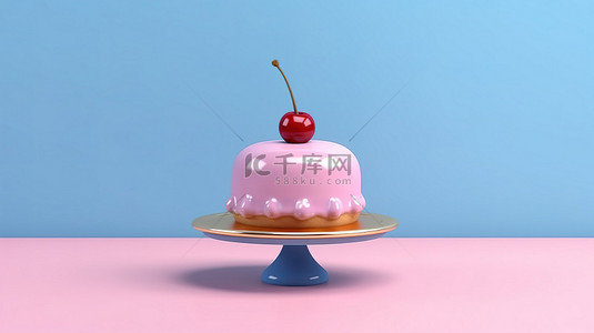 蛋糕店背景图片_1 简约的 3D 渲染，呈现出一个娇小的蓝色蛋糕，上面是柔软的粉红色表面上的美味樱桃