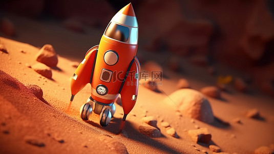 深卡通背景图片_3d 渲染的卡通火箭在外太空环绕深红色行星