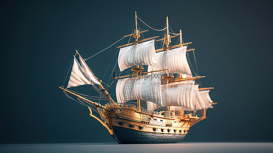 3D 在灰色背景上渲染古代帆船，带有柔和的阴影，三维光栅插图