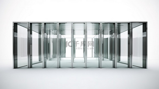 玻璃背景图片_时尚的玻璃隔断，带有时尚的门，在原始的白色背景 3D 渲染上