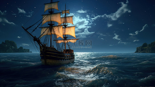 宝宝满月投屏背景图片_海上满月下一艘 3D 老海盗船的渲染