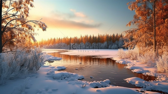 森林山顶背景图片_冬季仙境冰冻湖雪树和金色暮光 3D 渲染