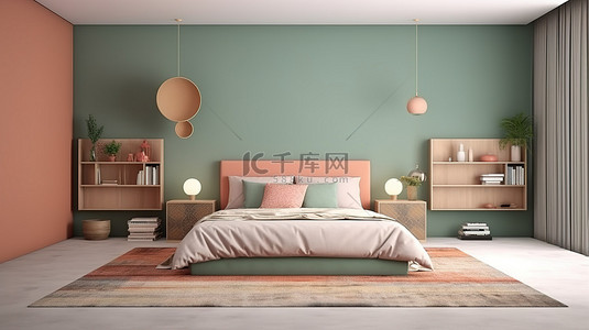 时尚橙色背景图片_时尚内饰的 3D 渲染，配有桃色和绿色墙壁，配有卧室模型