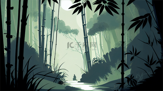 竹子夜景中国风格插画背景