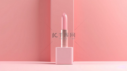 粉红色背景图片_几何背景下柔和粉红色底座上口红包装模型的 3D 渲染