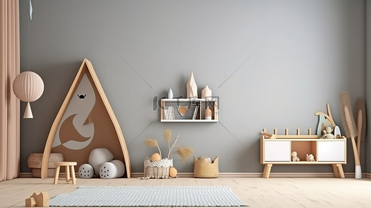 儿童房中斯堪的纳维亚风格木制家具模型墙的 3D 渲染插图