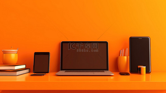 充满活力的办公桌上的数字平板电脑和手机水平背景横幅 3D 插图