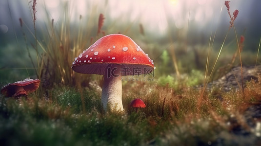 雾蒙蒙的草地上的红色蘑菇的 3d 渲染