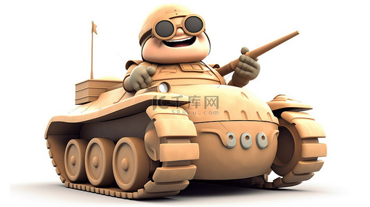 动漫人物3d背景图片_孤立的 3D 卡通士兵操作坦克在白色背景与剪切路径