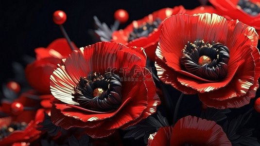美容红色背景图片_深色画布上精致的红色花朵令人惊叹的 3D 图形插图与复古风格