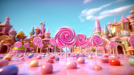 异想天开的粉红色糖果土地卡通棒棒糖梦想的 3D 插图