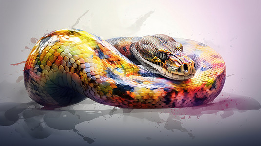 抽象蛇设计背景图片_水彩蛇数字绘制的动物艺术令人惊叹的 3D 渲染