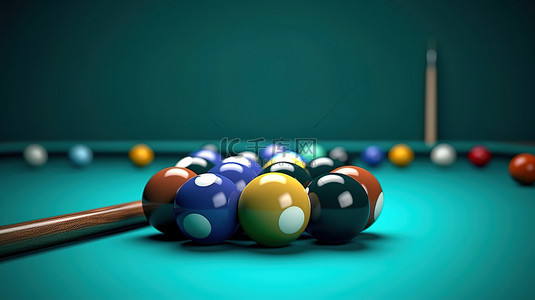 蓝墙背景 3D 渲染台球桌，配有球杆和球组