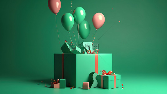 欢乐的生日庆祝气球五彩纸屑和礼品盒在绿色背景下以 3d 渲染数字 9 爆炸