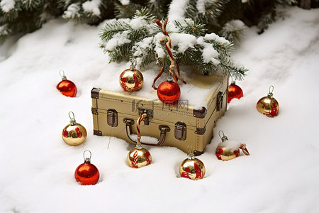 雪中​​装有圣诞饰品的柏金盒