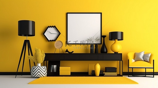 3D渲染黄色金属单色室内房间，配有矩形相框和配件