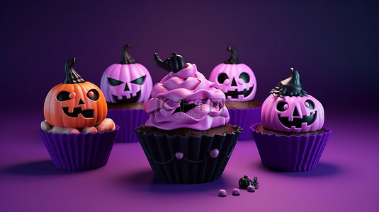 在紫色背景下以 3D 呈现的万圣节主题卡通纸杯蛋糕套装