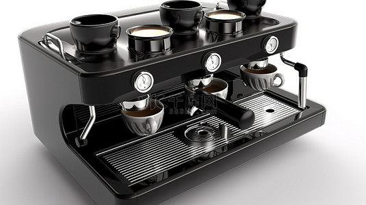 白色水煮背景图片_3D 时尚黑色浓缩咖啡机在白色背景上煮两杯咖啡