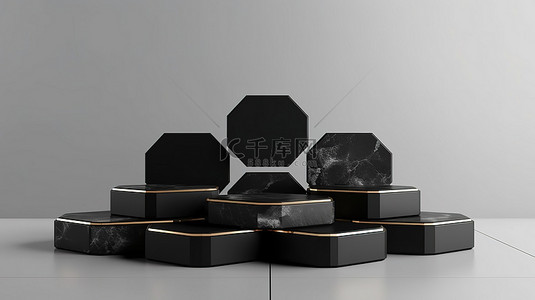 优雅的黑色花岗岩六边形讲台，用于高端化妆品展示在干净的白色背景 3D 渲染上的几何设计