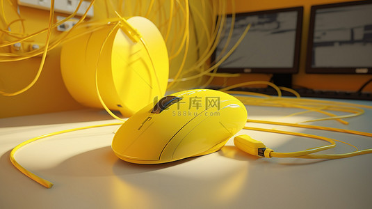 连接到 3d 呈现黄色安全系统的计算机鼠标