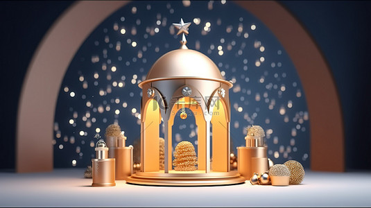 圣诞背景图片_3D 渲染教堂和钟背景在展示台上的圣诞快乐装饰