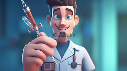 医生拿着注射器救护车在附近用卡通风格描绘医疗保健和医学概念的插图
